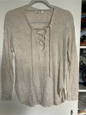 LNA Lace-Up Long Sleeve Knit Top Tunic in Light Beige size XS